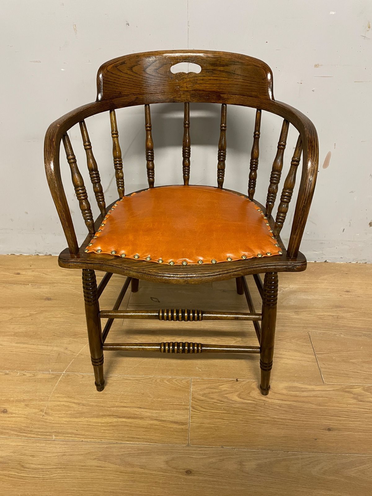 Edwardian Oak And Beech Desk Chair With Tan Hide Seat