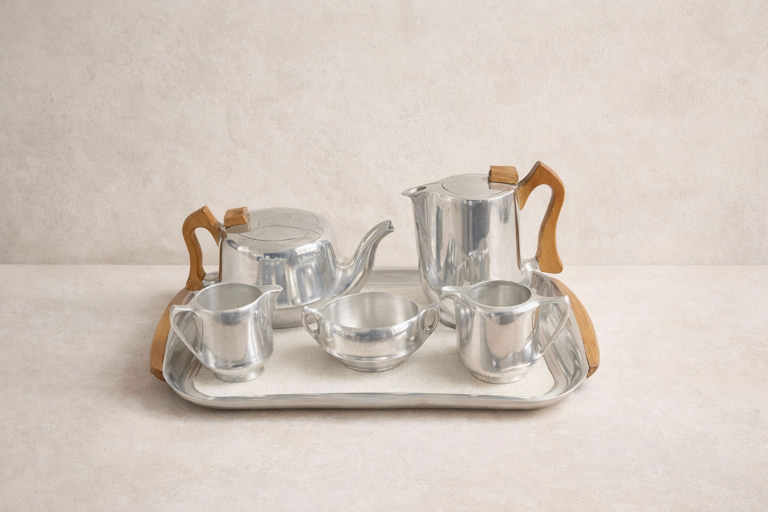 Picquot Ware Tea & Coffee Set With Tray – Mid Century English Aluminium, C.1950s