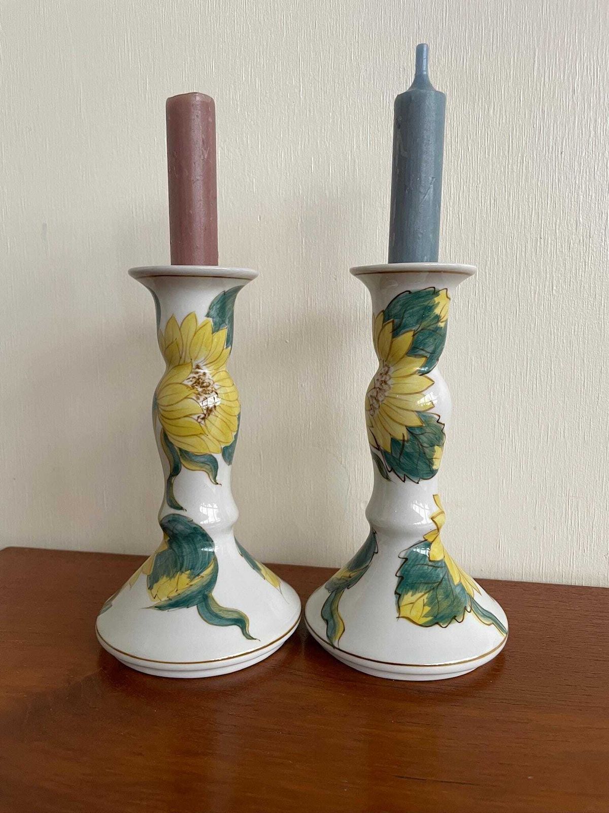 Pair Of Hand Painted Ceramic Candlesticks With Sunflower Floral Illustrations photo for sale