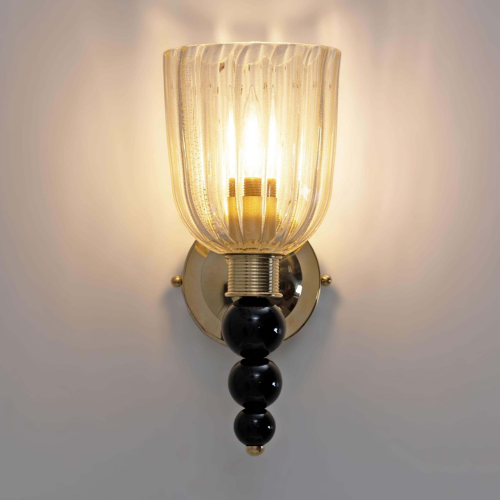 Pair Of Italian Murano Glass Wall Sconces With Gold Dust Inclusions And Brass photo Lighting