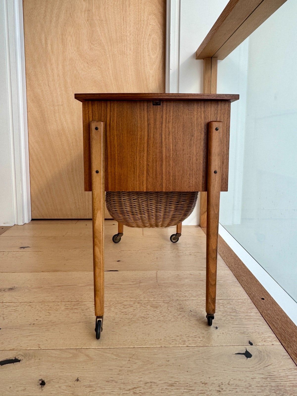 Vintage Danish Sewing Trolley With Sliding Doors, Drawer And Wicker Wool Basket photo Furniture