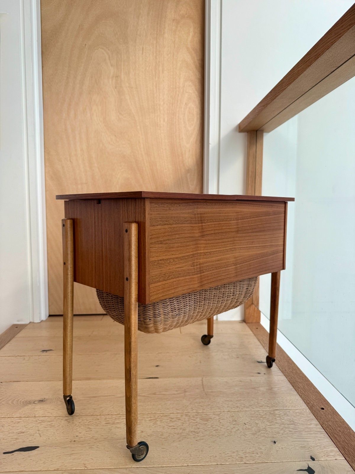 Vintage Danish Sewing Trolley With Sliding Doors, Drawer And Wicker Wool Basket photo 250.0