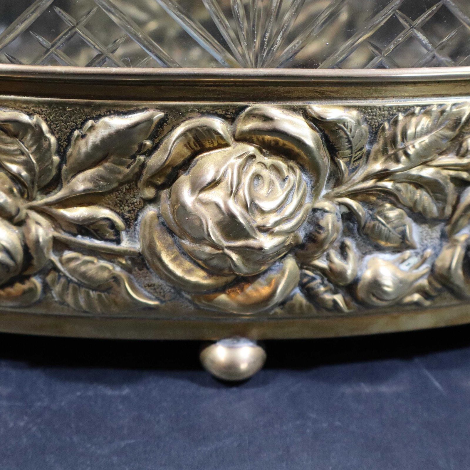 Home Decor Antique French Brass & Crystal Jardiniere   Elegant Centerpiece Fruit Bowl photo