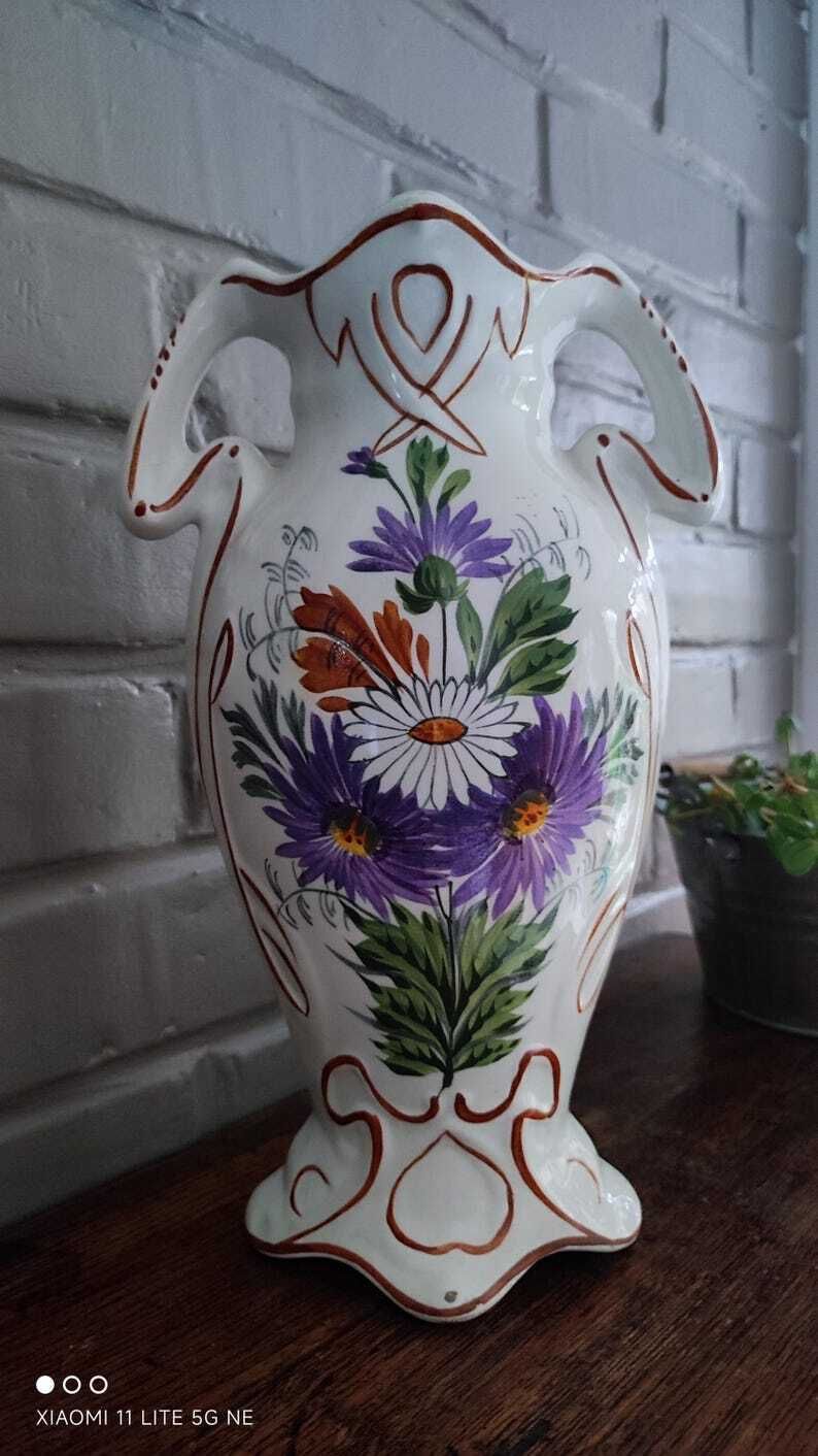 French Art Nouveau Floral Vase In White Earthenware, Saint Amand photo vintage