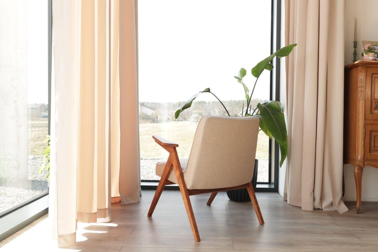 Vintage Lounge Chair Beige Wool Upholstery, Scandinavian Design photo for sale