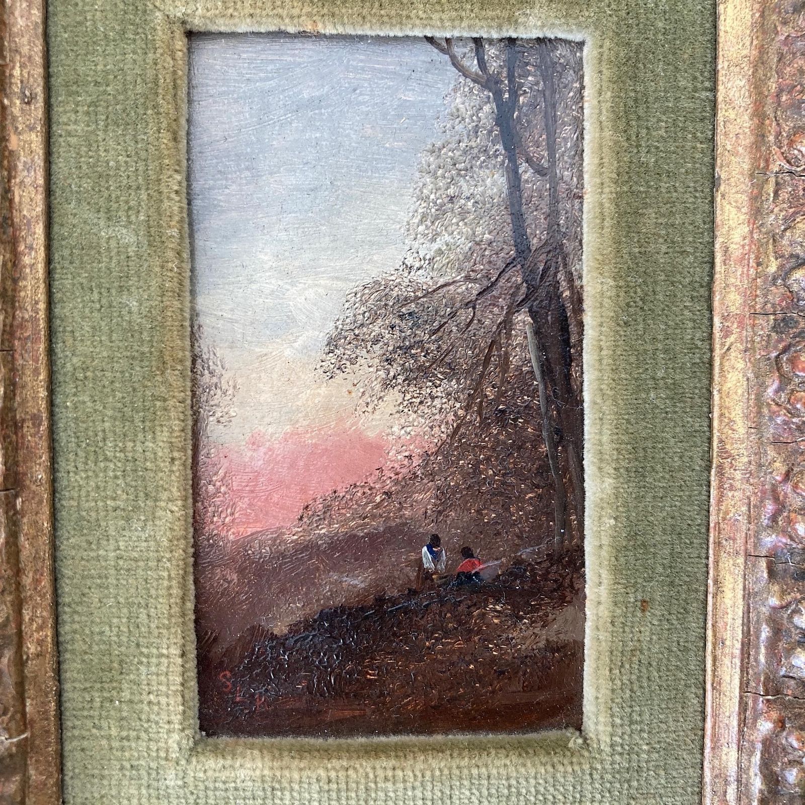 photo furniture Gathering Wood   Antique Miniature Original Oil Painting   British Artist