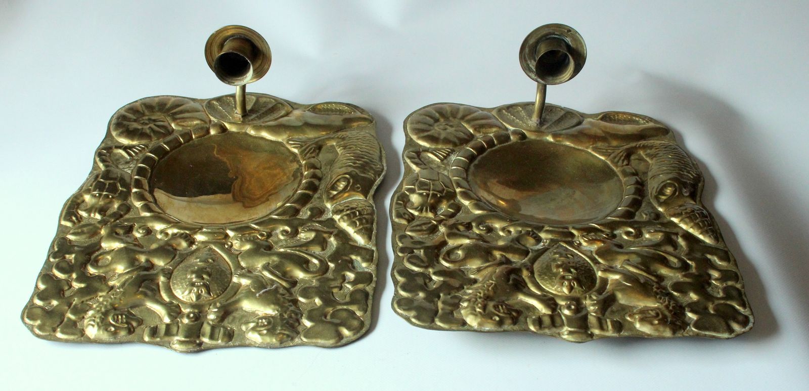 Large Brass Wall Plates With Candle Stick   Set Of 2   Vintage From The 60s photo for sale