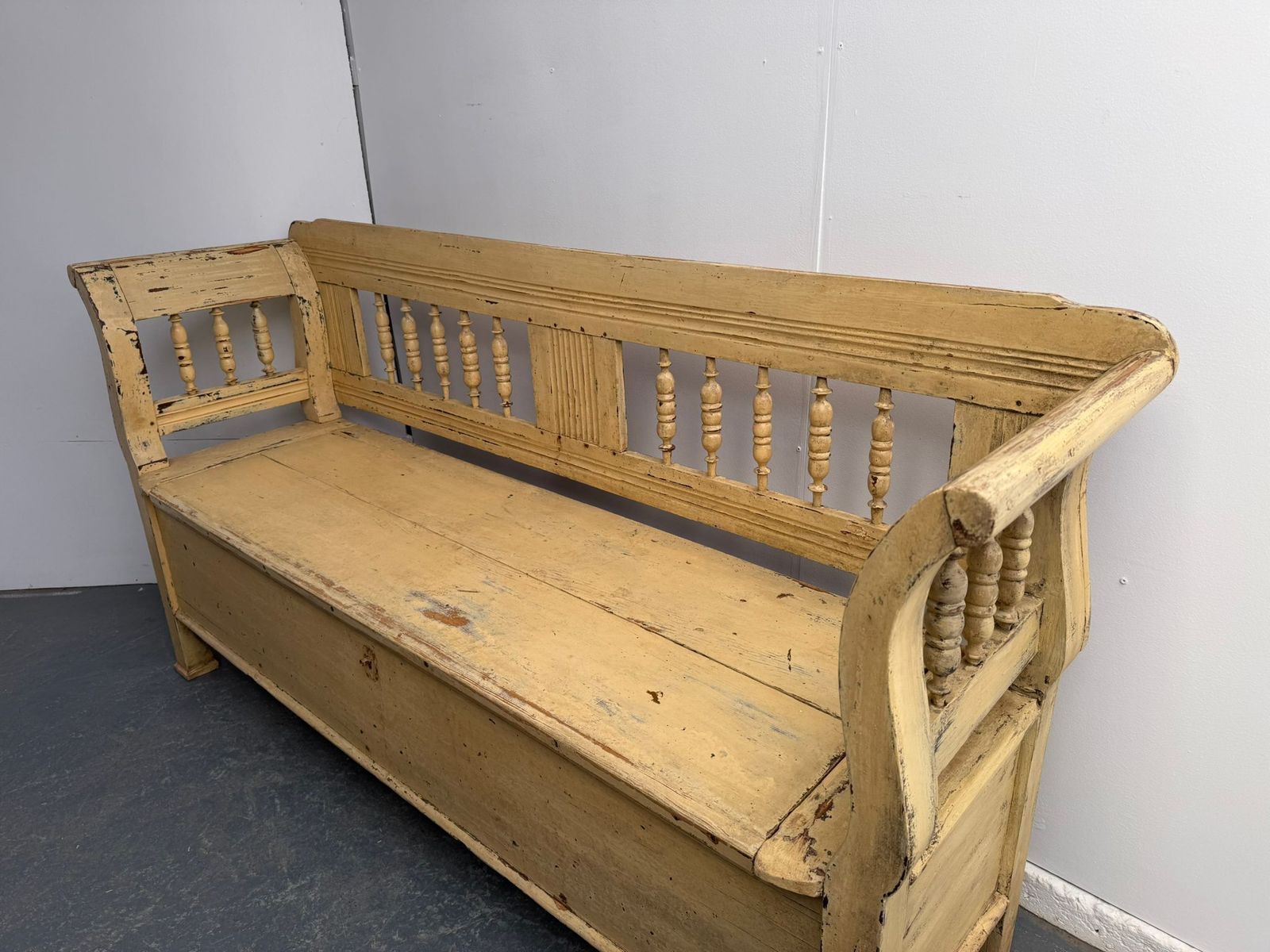 An Original Painted Cream Victorian Pine Hungarian 3 Seater Bench photo furniture