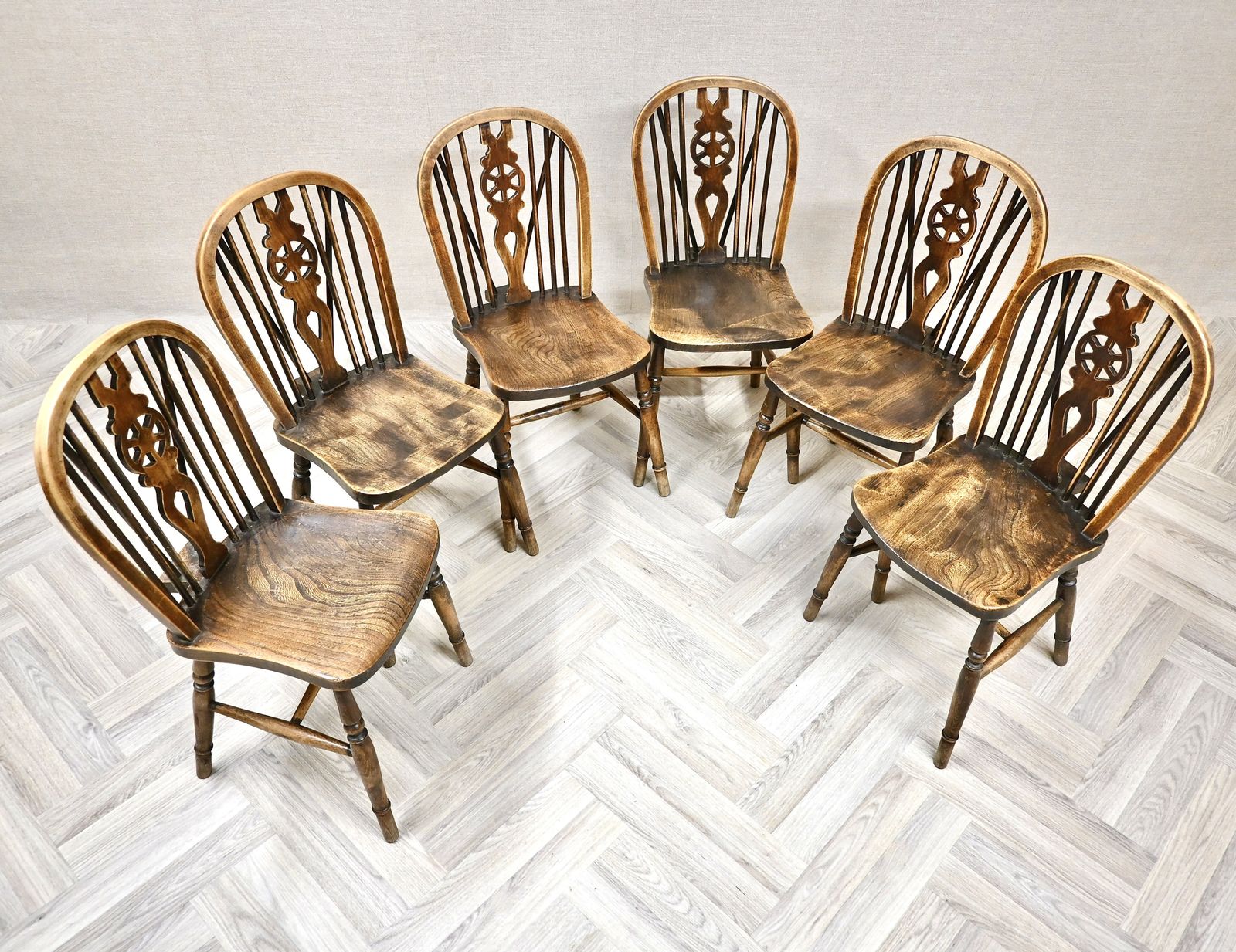Se Of 6 Antique Windsor Wheelback Kitchen Dining Chairs photo Furniture