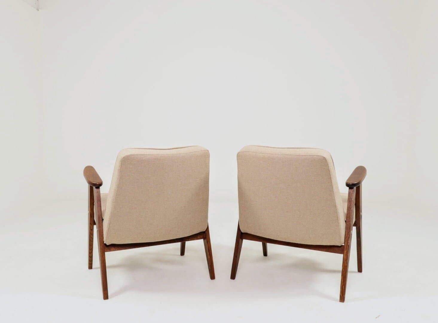 Vintage Pair Armchair, Oak Wood, Wool Upholstery, Fully Refurbished photo furniture