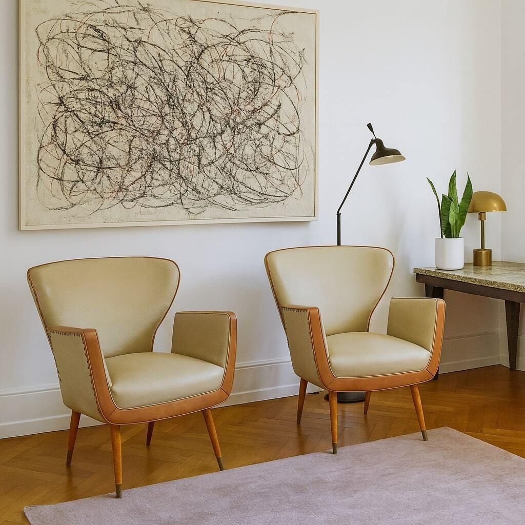 Vintage Armchairs Wood Brass Leatherette Design Italy 1960s photo furniture