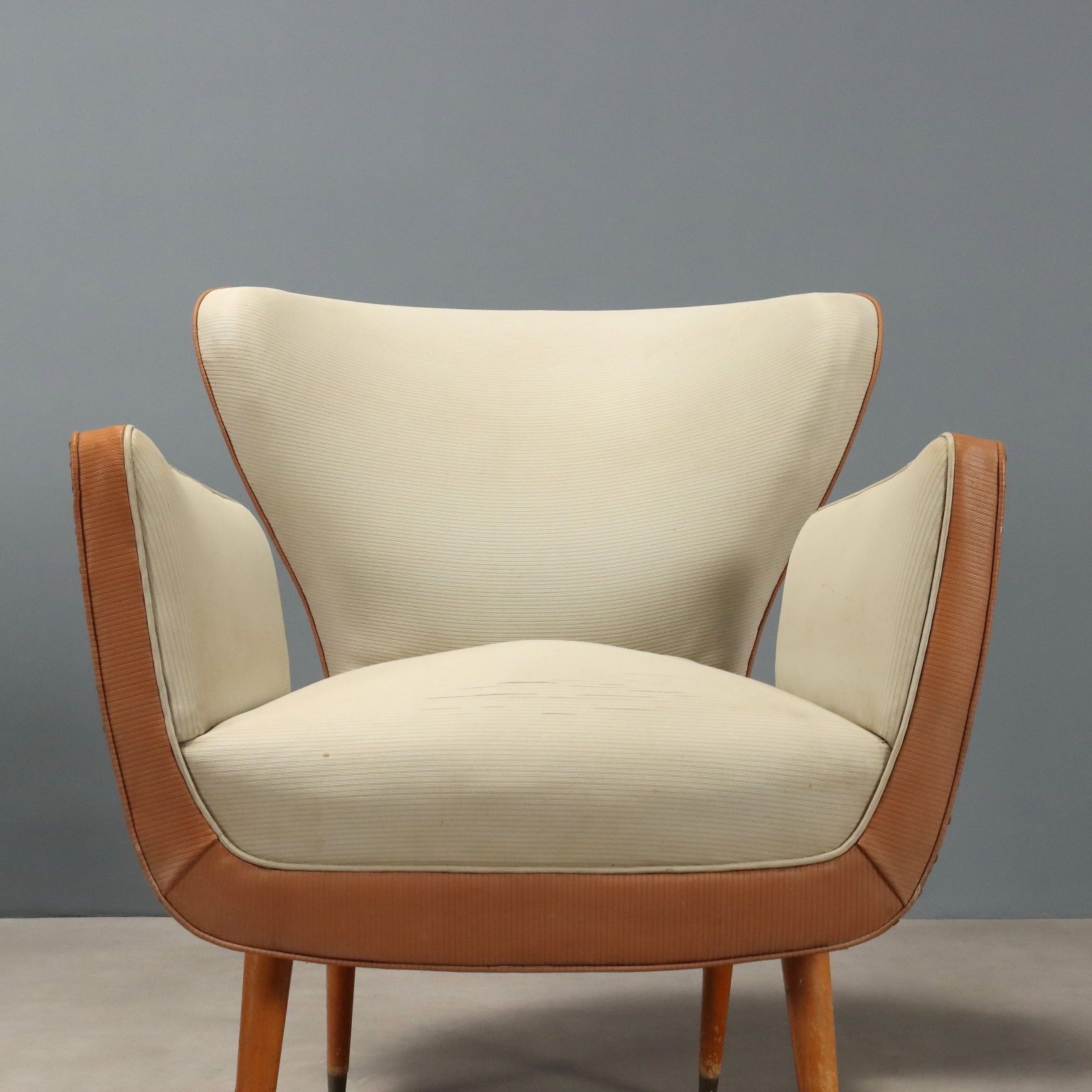 Vintage Armchairs Wood Brass Leatherette Design Italy 1960s photo vinterior