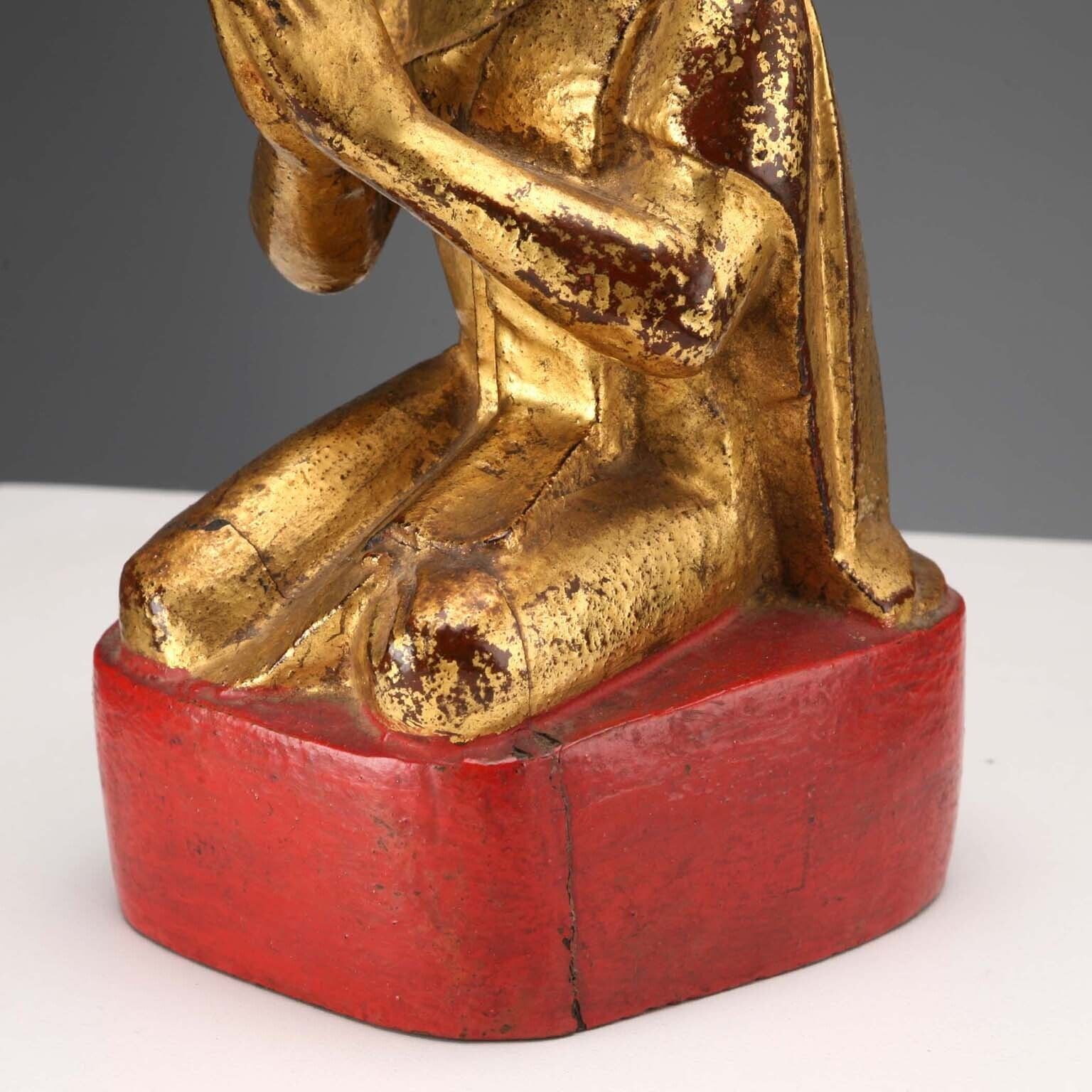 Antique Worshipper Carved Gilded Wood Myanmar XIX XX Century photo vintage