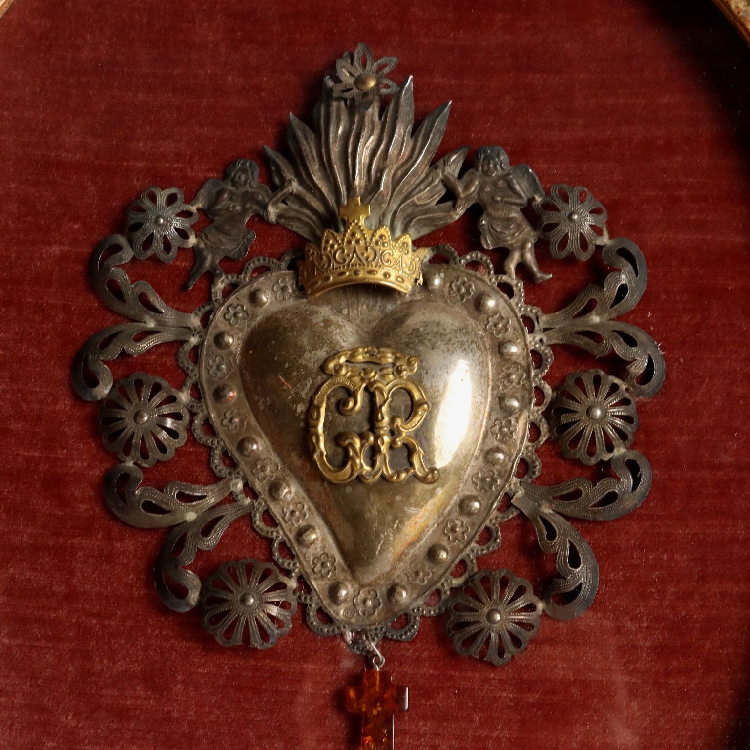 The Sacred Heart Silver Ex Voto Glass Italy XX Century photo for sale