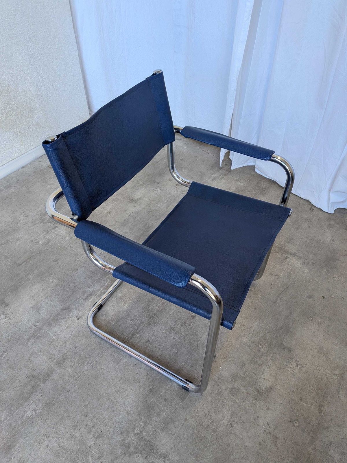 Vintage Mart Stam Style S34 Chair: Blue Leather, Bauhaus Office Armchair photo for sale