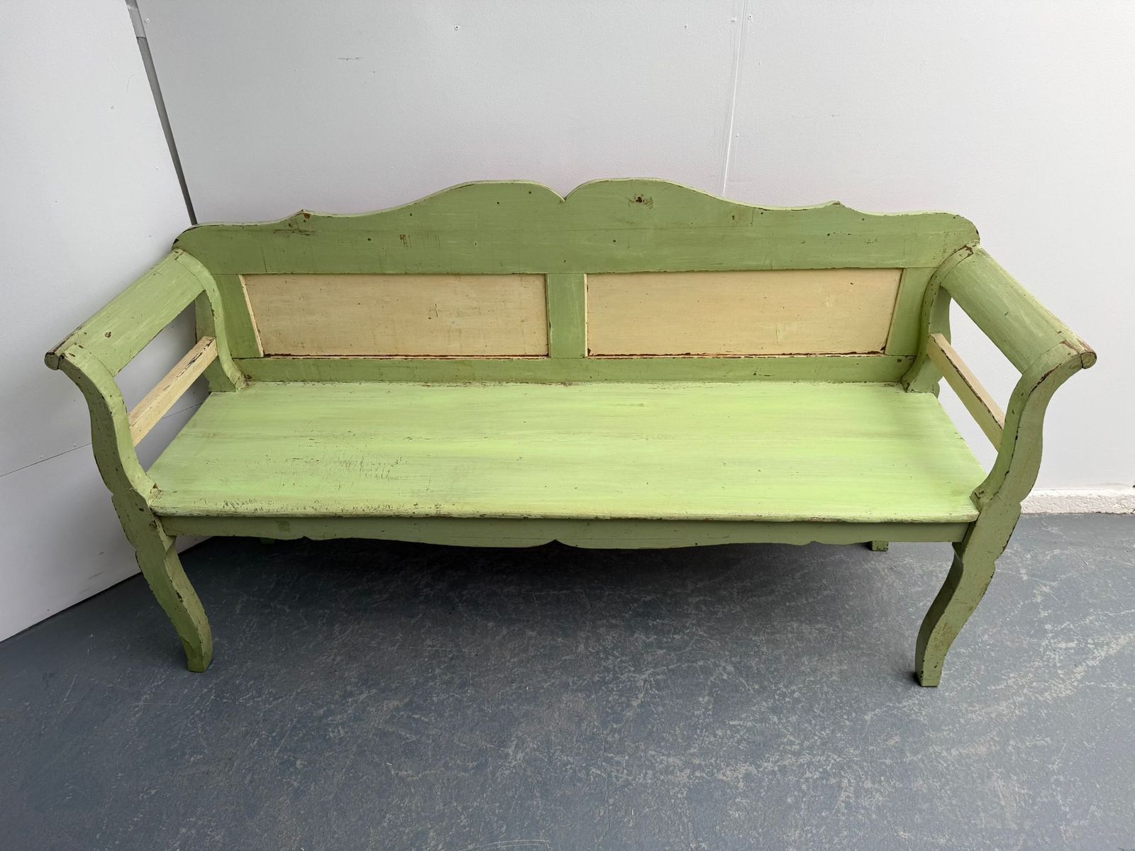 Genuine Victorian Pine Hungarian 3 Seater Painted Cream & Green Box Settle photo Furniture