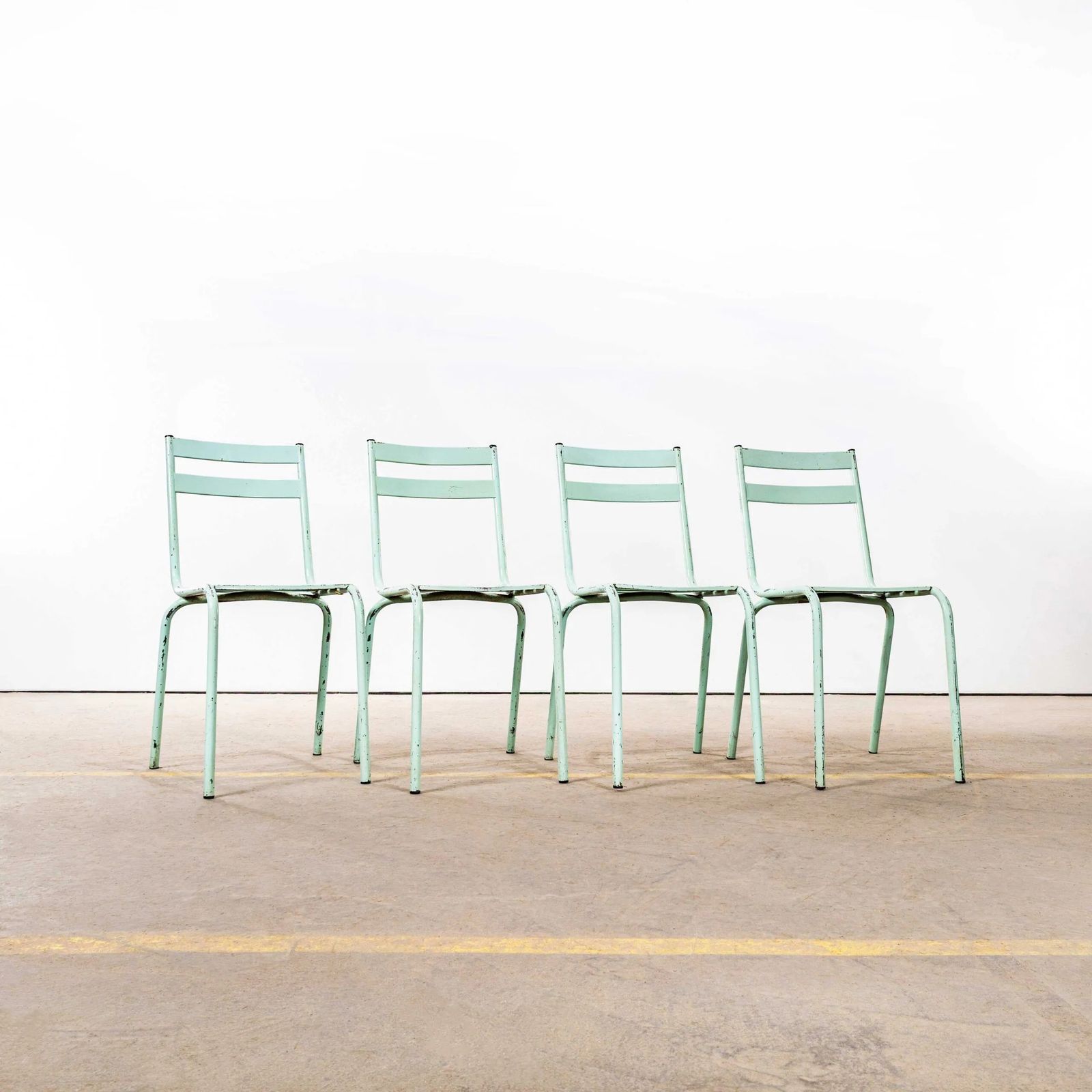 1950’s French Artprog Light Green Metal Stacking Outdoor Chairs