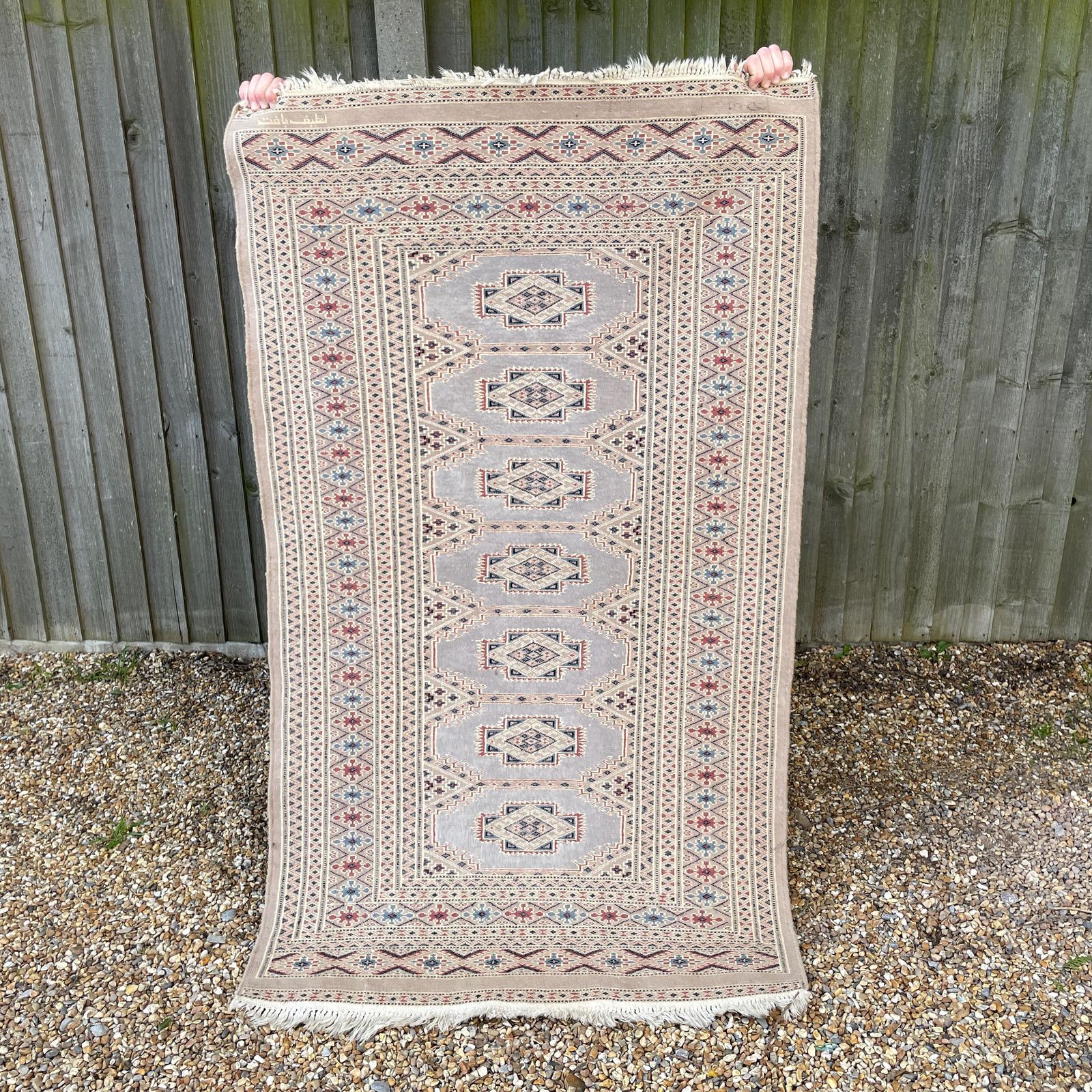 Textiles Cream Bokhara Rug Hand Knotted Wool Geometric Pattern Runner Carpet Vintage Middle Eastern Pale Muted Tones photo