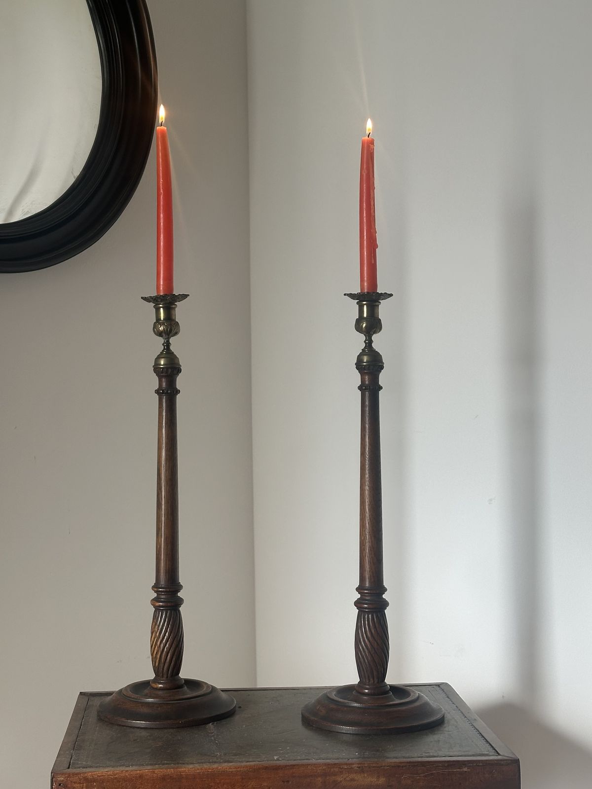 A Large Pair Of  George III Style Oak Candlesticks C.1900