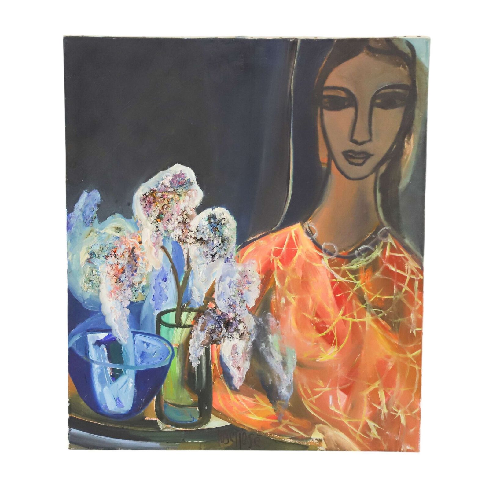 Swedish Mid 20th C Oil On Canvas ~ “Girl With A Jug Of Flowers” By Josef José, C.1960s