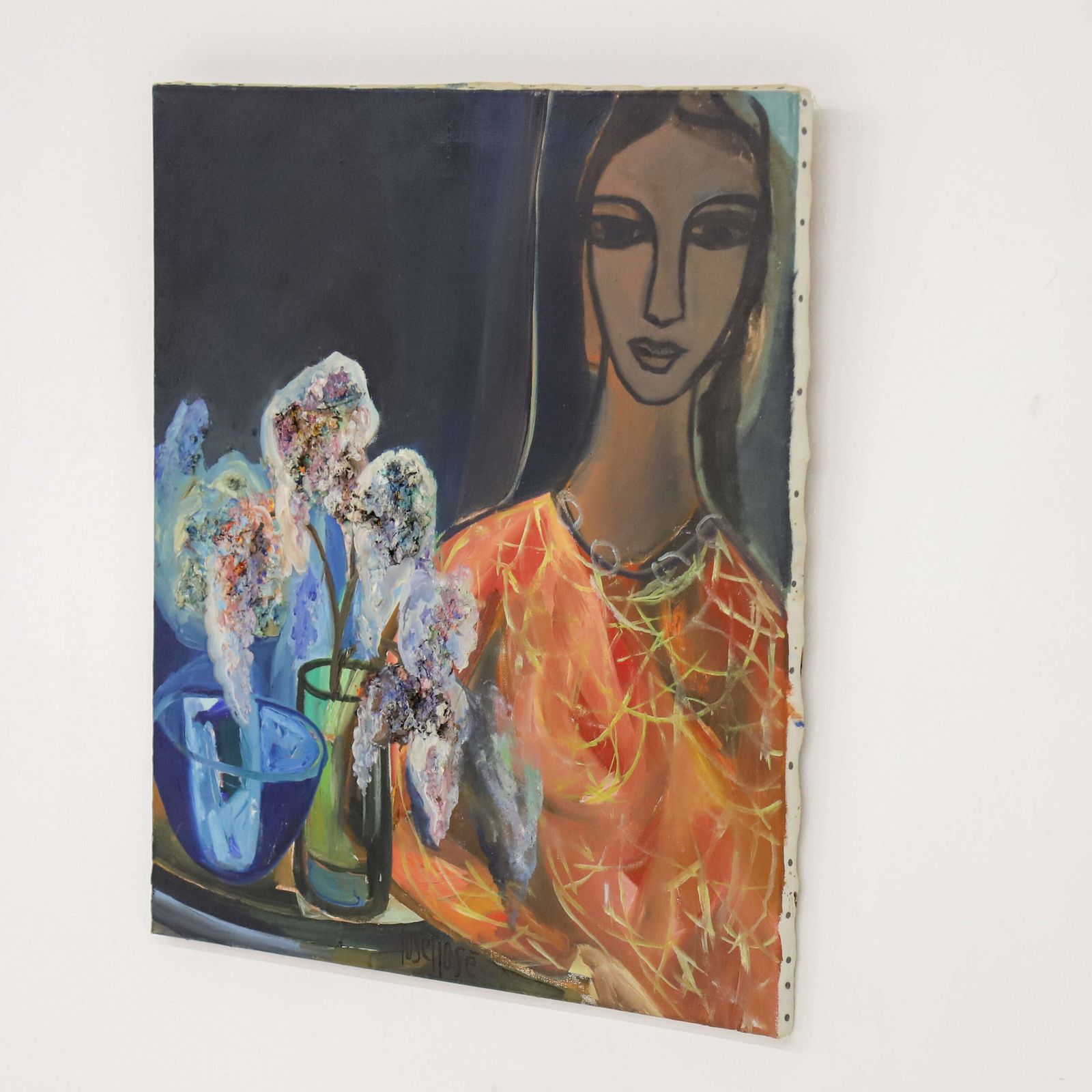 Swedish Mid 20th C Oil On Canvas ~ “Girl With A Jug Of Flowers” By Josef José, C.1960s photo furniture