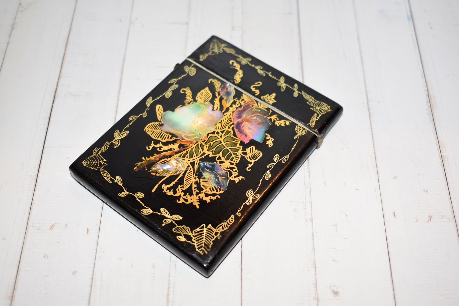 Mid Victorian Calling Card Case   Gorgeous Hand Painted Gold Scrolling & Abalone/Mother Of Pearl Floral Spray Inlay