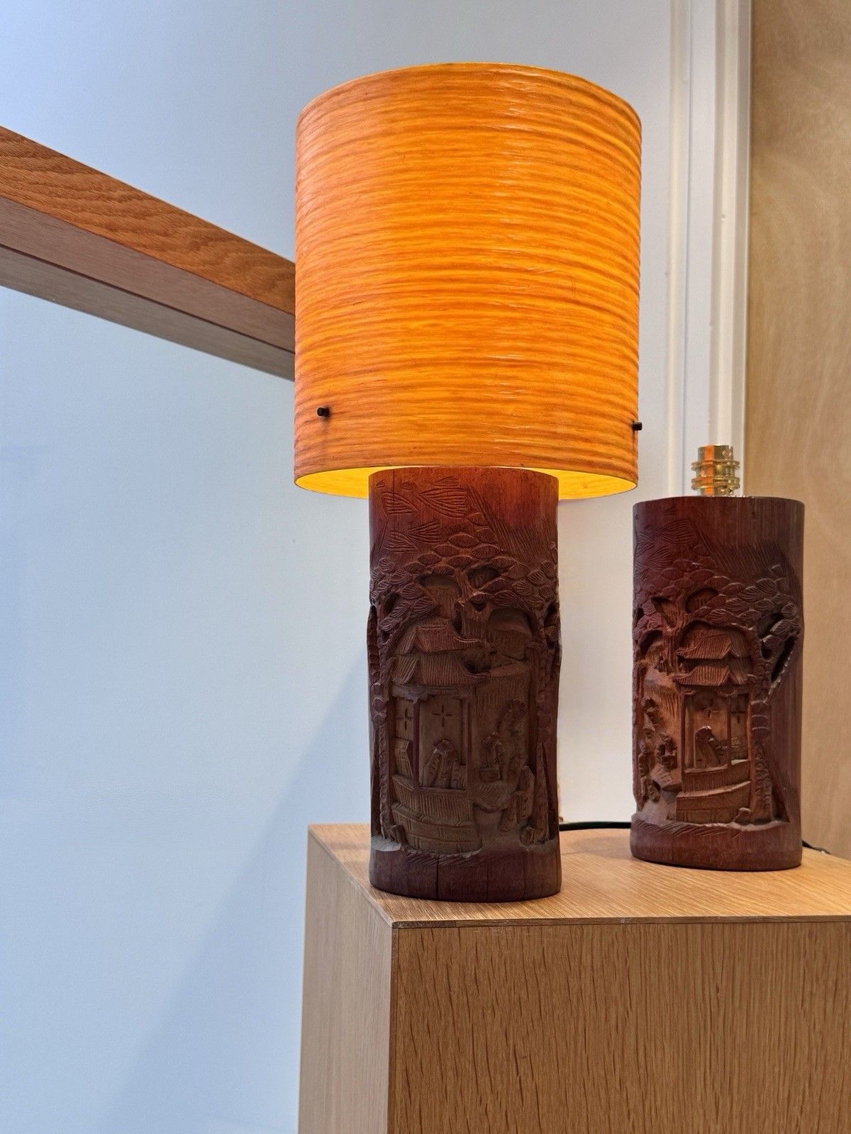 A Pair Of Antique Chinese Scholars Carved Bamboo Paint Brush Pot Lamps Rewired