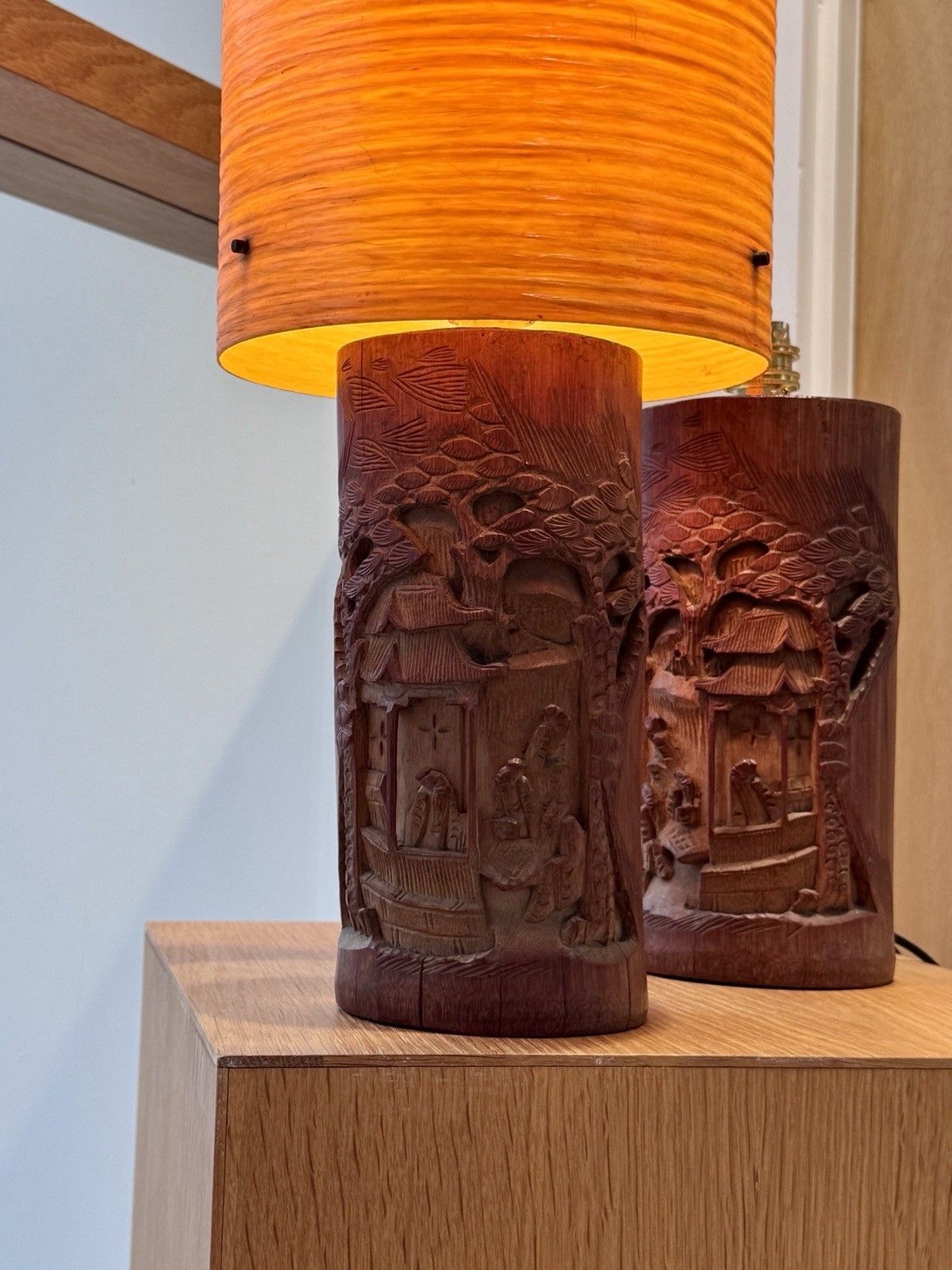 A Pair Of Antique Chinese Scholars Carved Bamboo Paint Brush Pot Lamps Rewired photo furniture