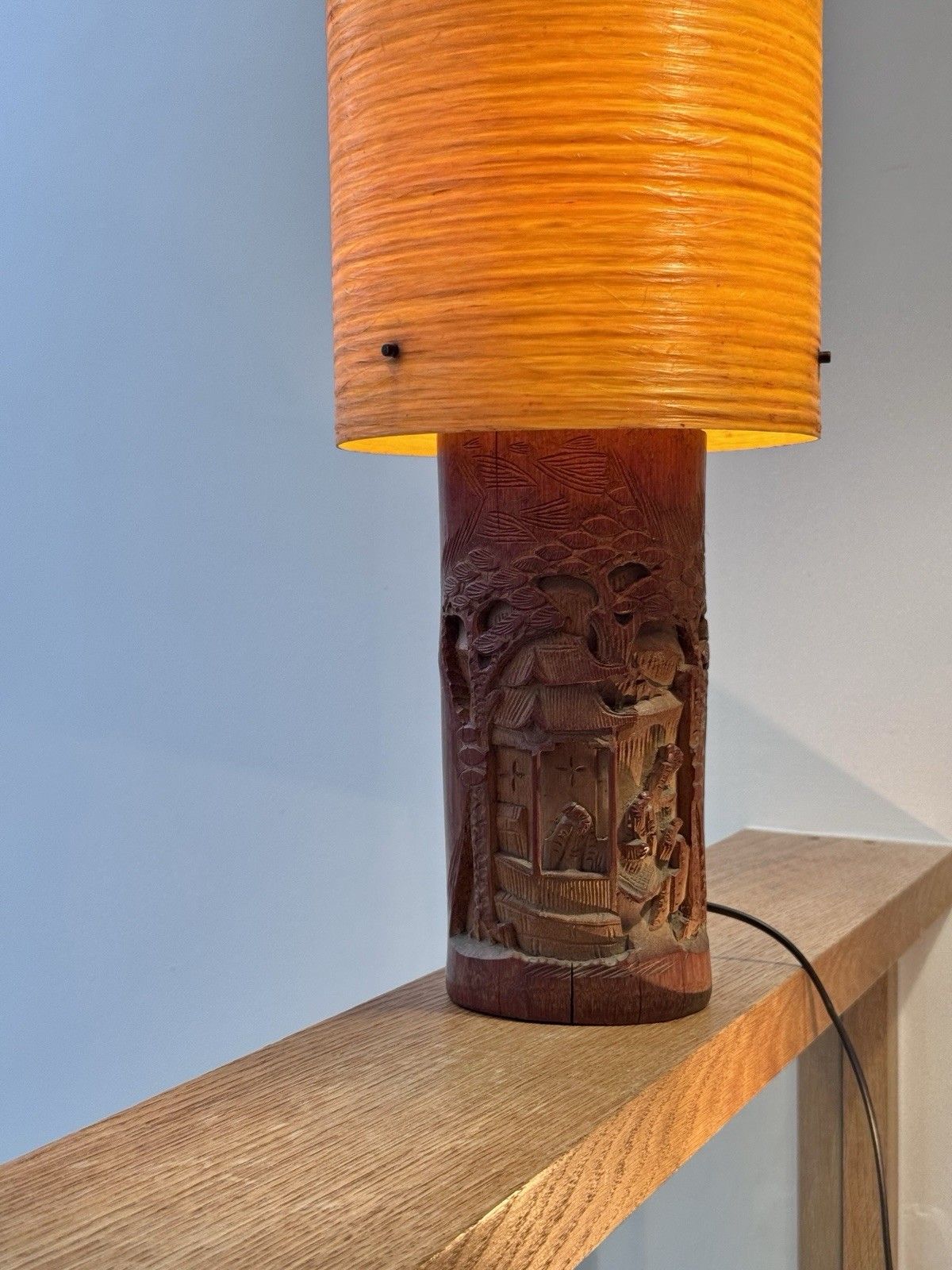 A Pair Of Antique Chinese Scholars Carved Bamboo Paint Brush Pot Lamps Rewired photo vinterior