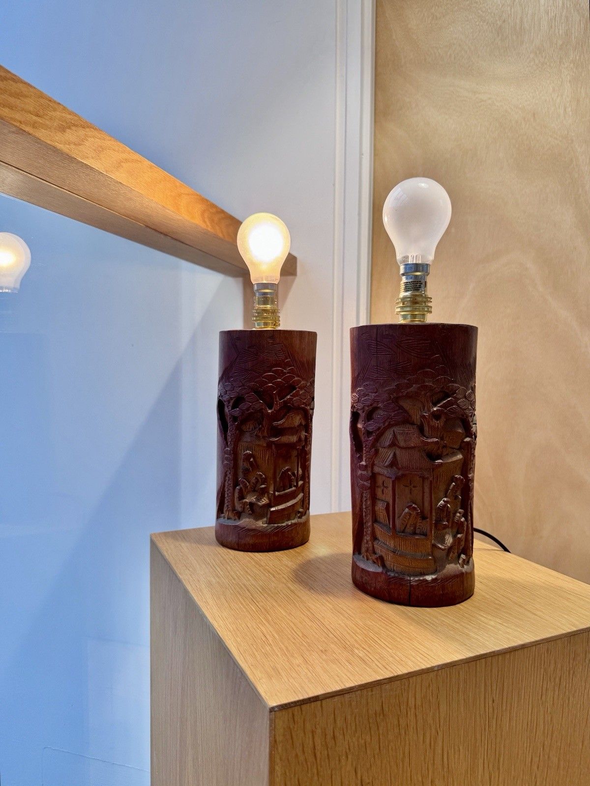 200.0 A Pair Of Antique Chinese Scholars Carved Bamboo Paint Brush Pot Lamps Rewired photo