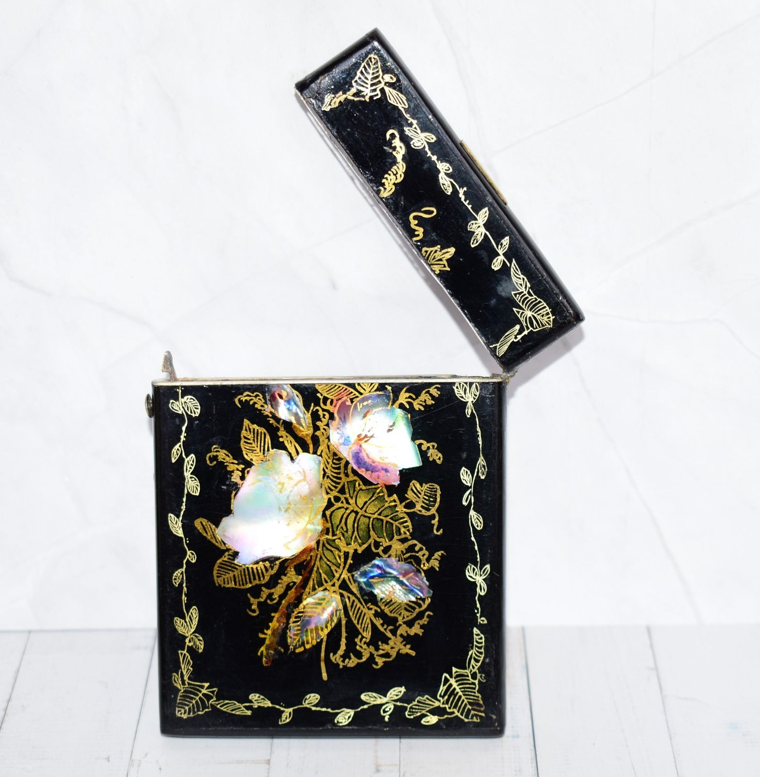 photo furniture Mid Victorian Calling Card Case   Gorgeous Hand Painted Gold Scrolling & Abalone/Mother Of Pearl Floral Spray Inlay