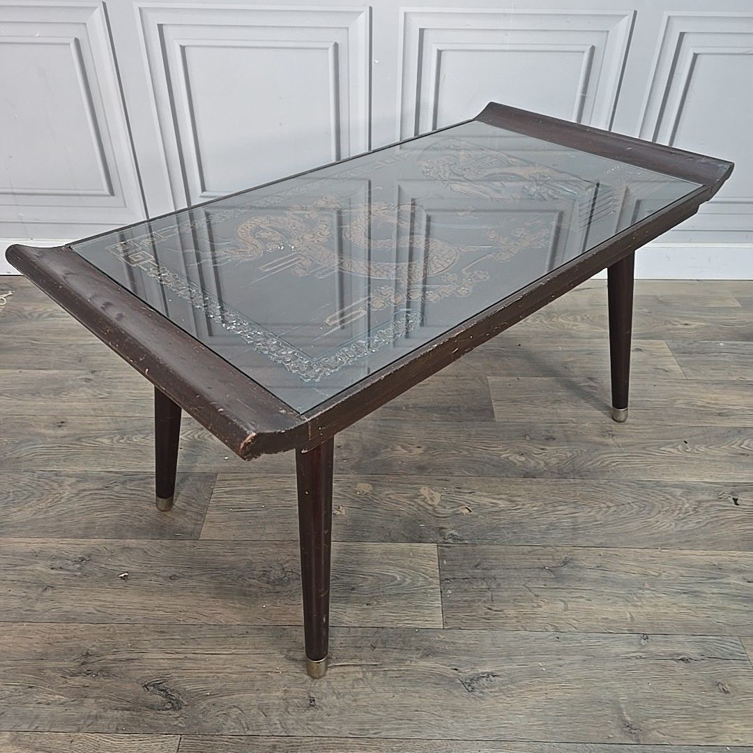 Vintage Oriental Coffee Table Carved Panel Glass Top Hardwood Chinese Retro photo furniture