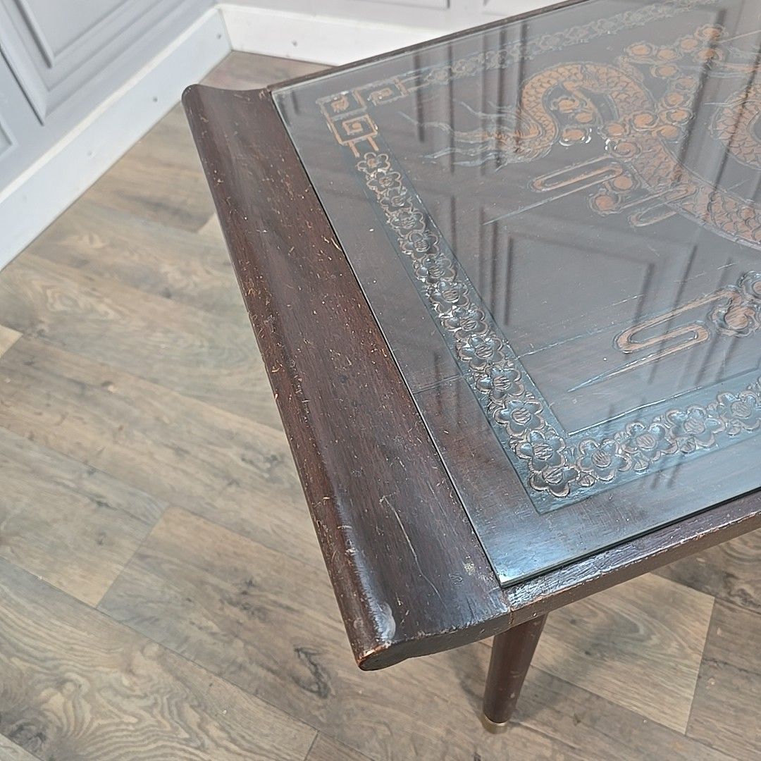 Vintage Oriental Coffee Table Carved Panel Glass Top Hardwood Chinese Retro photo Furniture