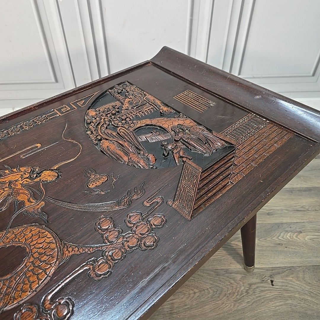 Vintage Oriental Coffee Table Carved Panel Glass Top Hardwood Chinese Retro photo buy