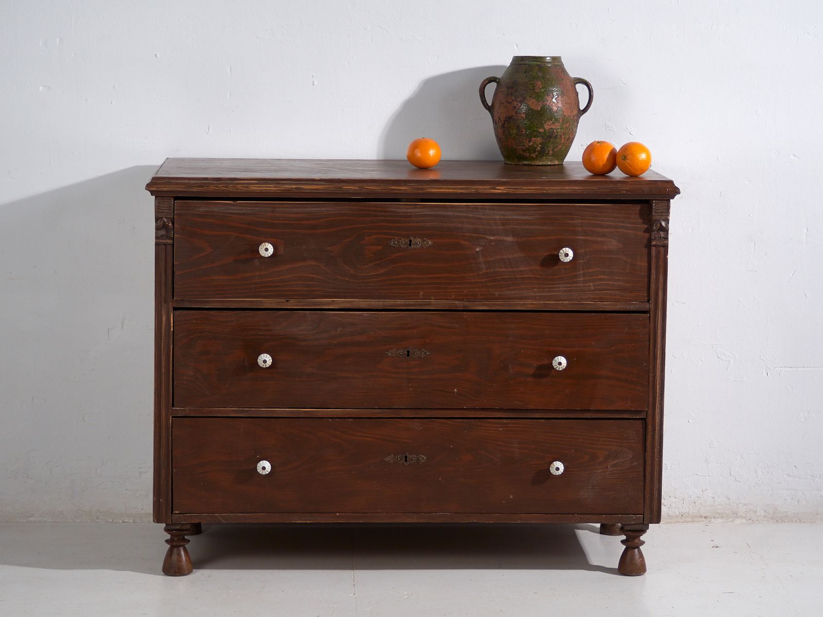 Antique Solid Pine Chest Of Drawers – Rustic European Dresser With Ceramic Knobs – Circa 1900