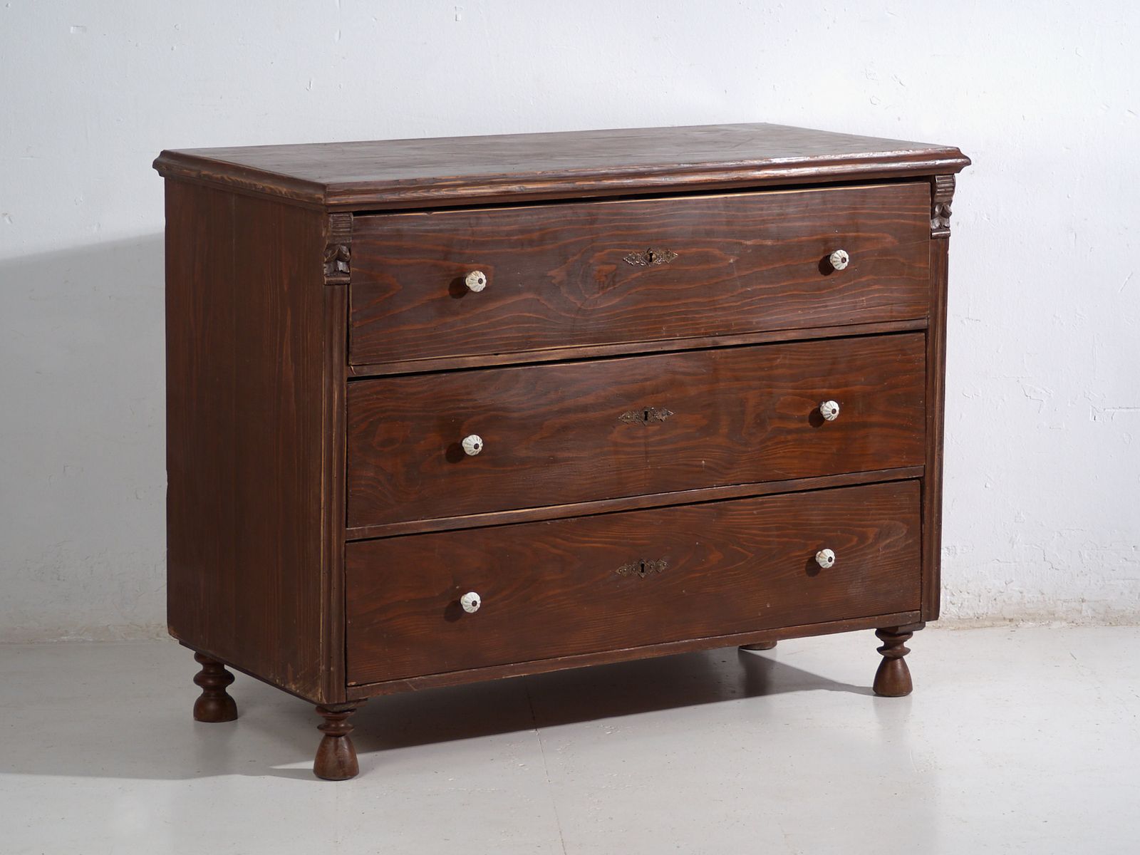 photo for sale Antique Solid Pine Chest Of Drawers – Rustic European Dresser With Ceramic Knobs – Circa 1900