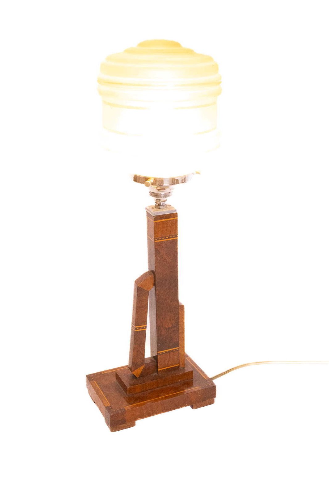 Art Deco Walnut & Inlaid Table Lamp With Shade