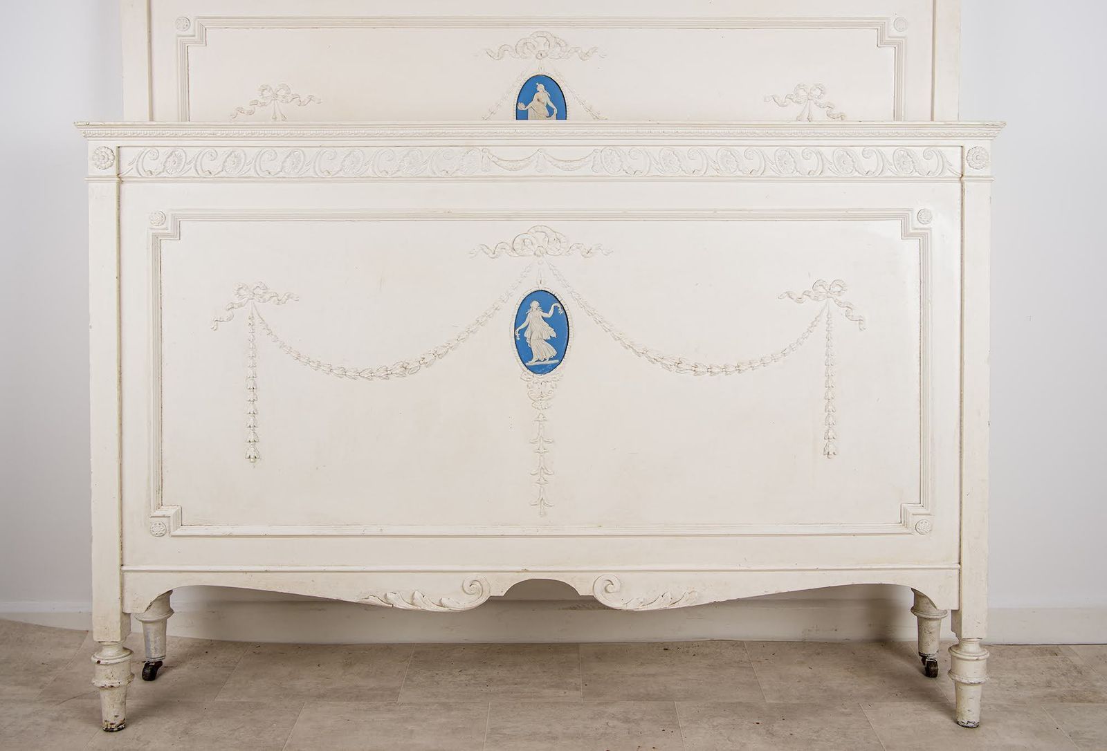 Antique French Painted Double Bed Frame With Side Irons – Wedgwood Jasper Plaque Style Bedstead photo for sale