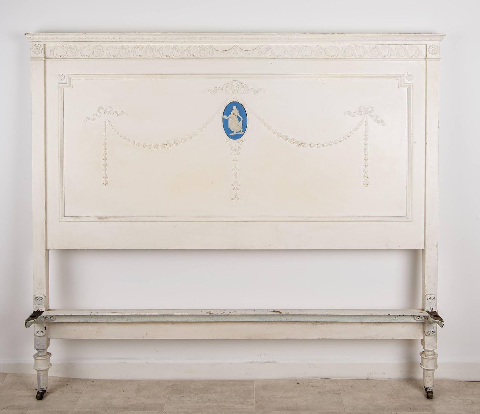 Antique French Painted Double Bed Frame With Side Irons – Wedgwood Jasper Plaque Style Bedstead photo Furniture