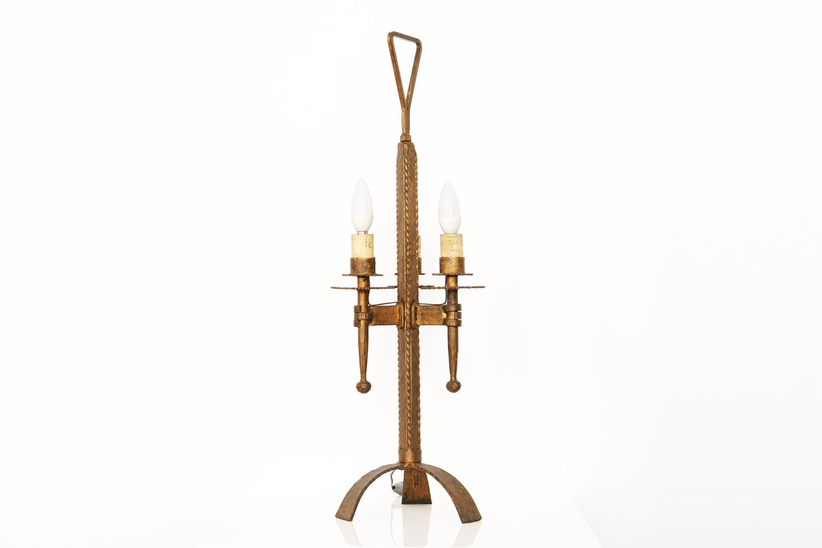 photo for sale Mid 20th Century Pair Of Tripod Table Lamps In Golden Wrought Iron, Signed By Ferro Art