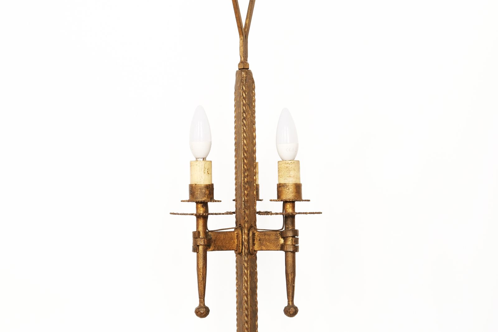 Mid 20th Century Pair Of Tripod Table Lamps In Golden Wrought Iron, Signed By Ferro Art photo Lighting