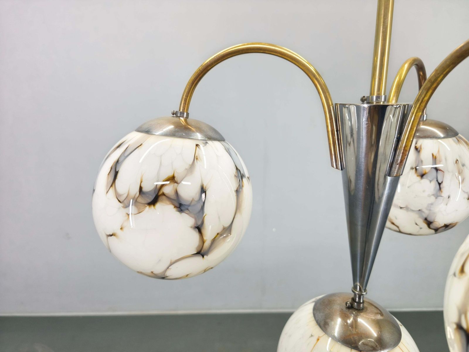 Art Deco Chandelier, Marble Glass, Brass & Chrome, 1930s photo 879.0