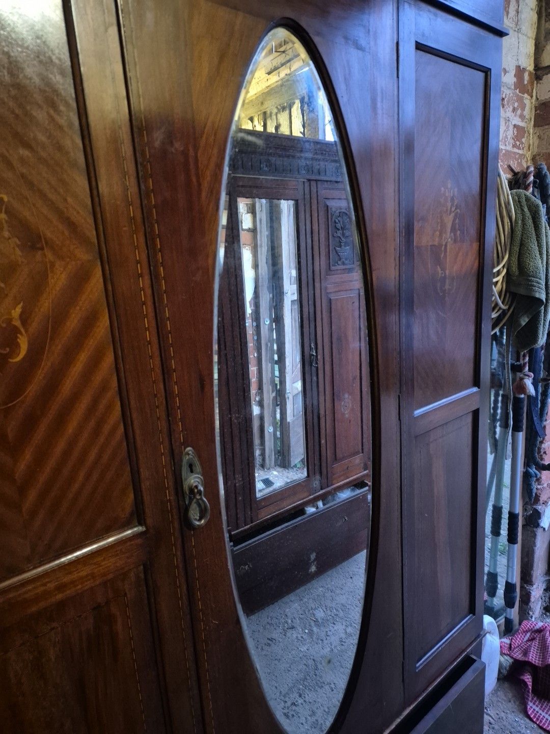Antique Edwardian Mahogany Inlaid Mirrored Wardrobe With Drawer photo 170.0