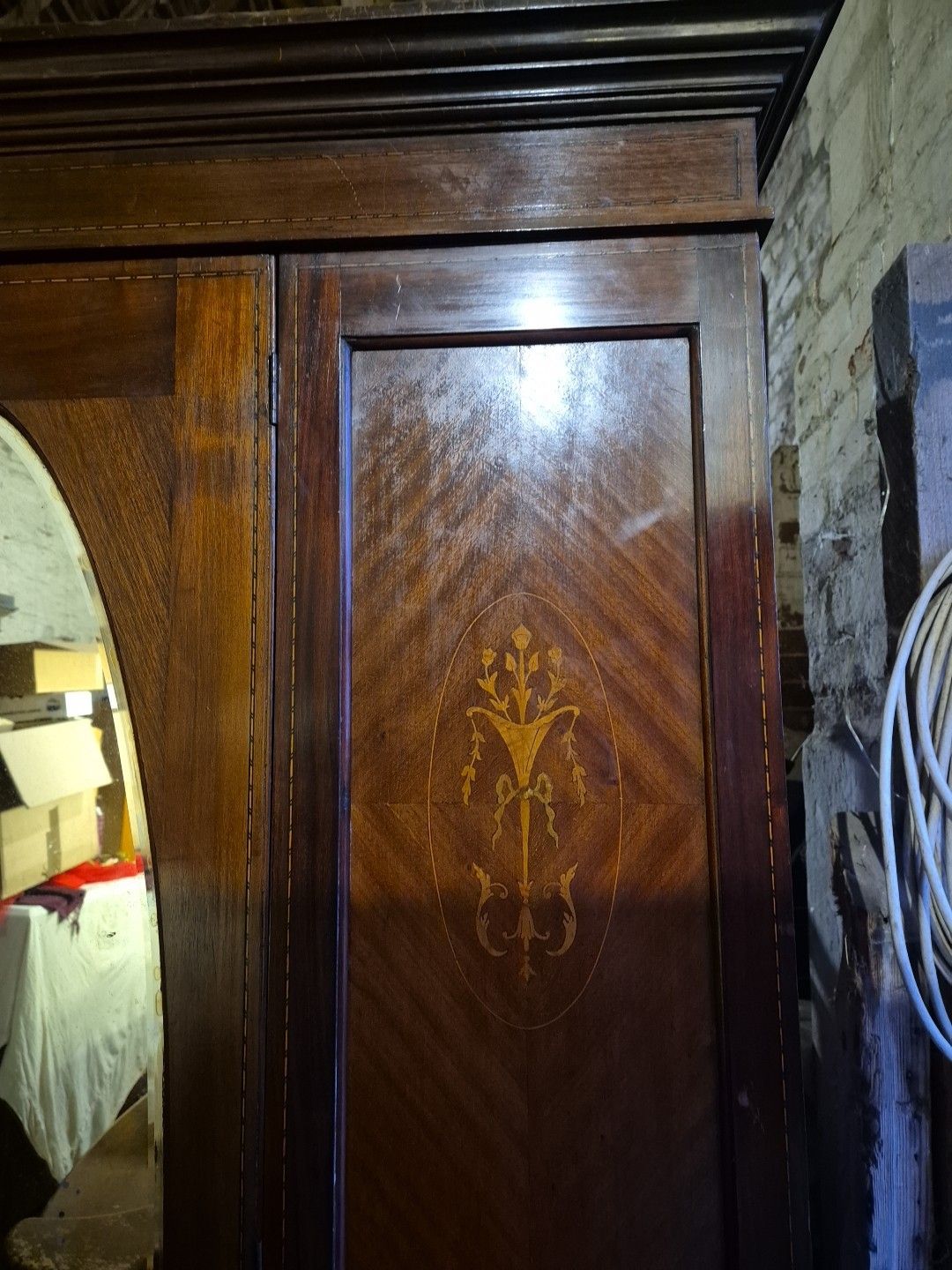 Furniture Antique Edwardian Mahogany Inlaid Mirrored Wardrobe With Drawer photo