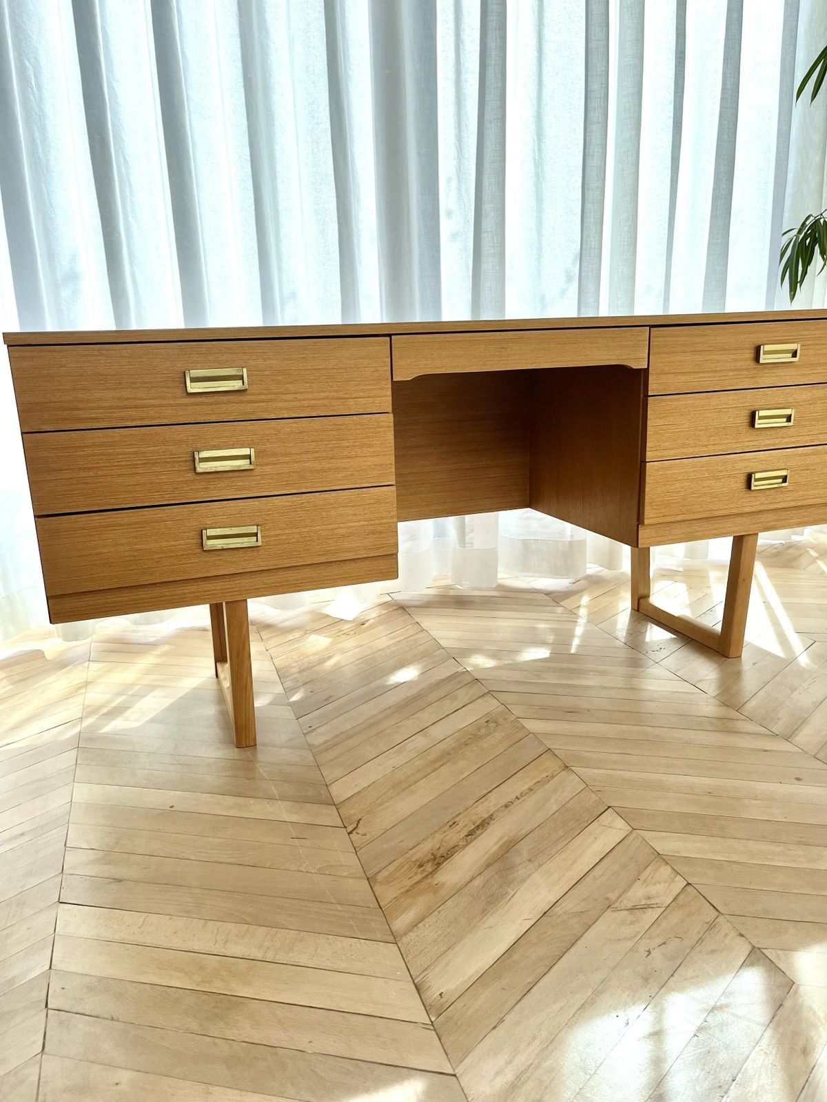 Mid Century Seven Drawer Dressing Table/Desk With Brass Pulls photo for sale