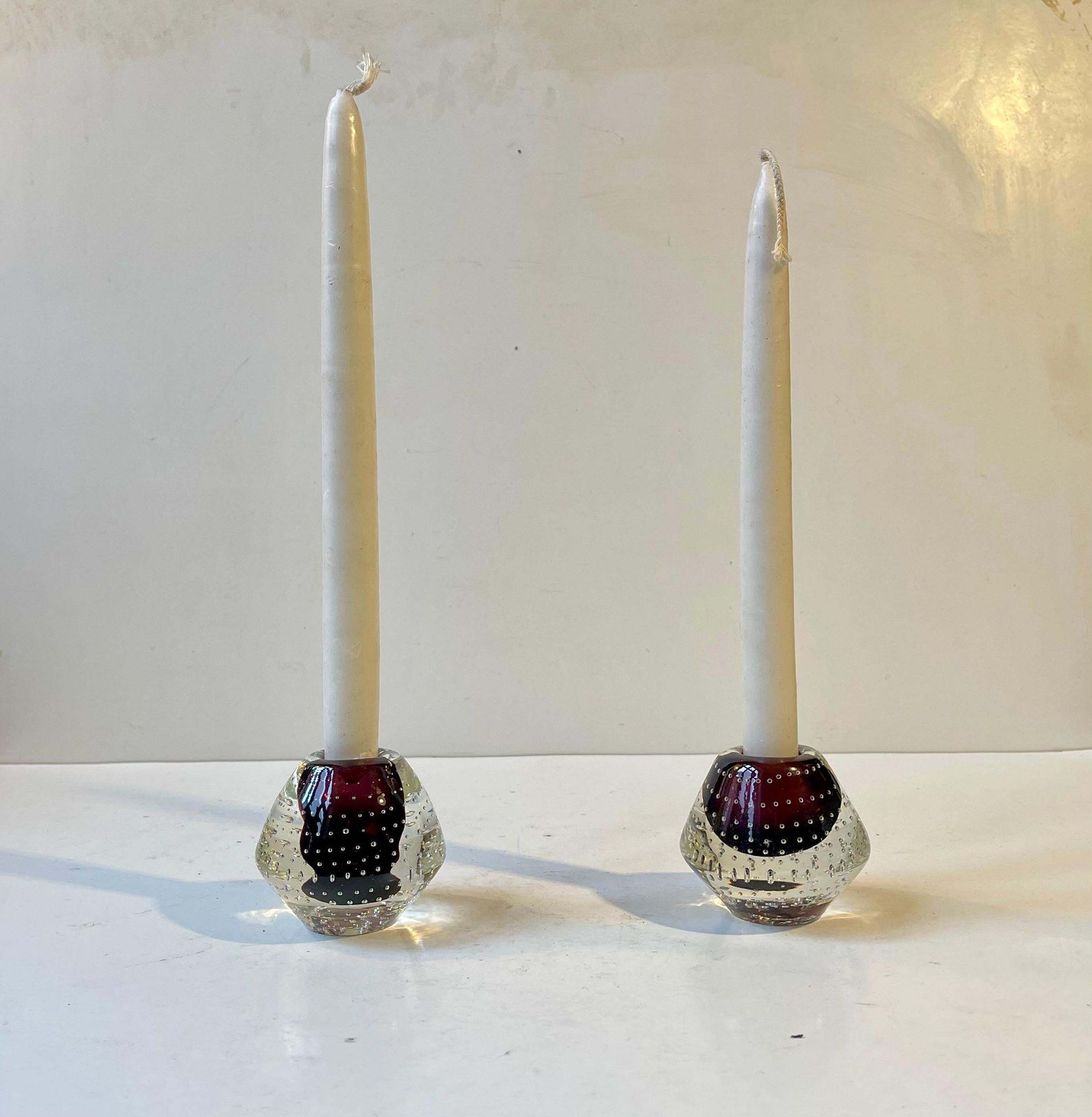 Scandinavian Modern Purple Sommerso Candleholders W. Air Bubbles photo 179.0