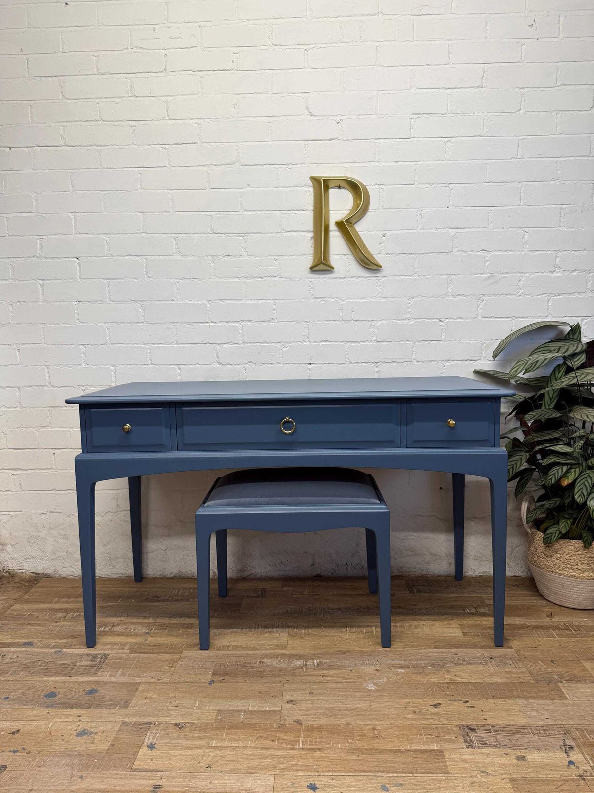 Stag Minstrel Vanity Dressing Table With Matching Stool Painted Evening Dove Blue/Grey photo for sale