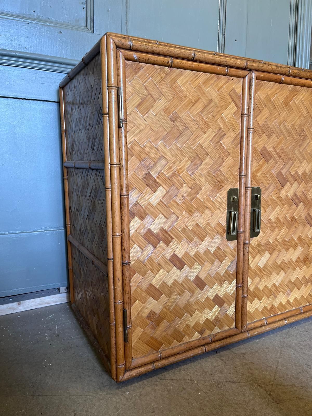 Vintage Bamboo And Rattan Double Door Cabinet With Brass Handles photo buy