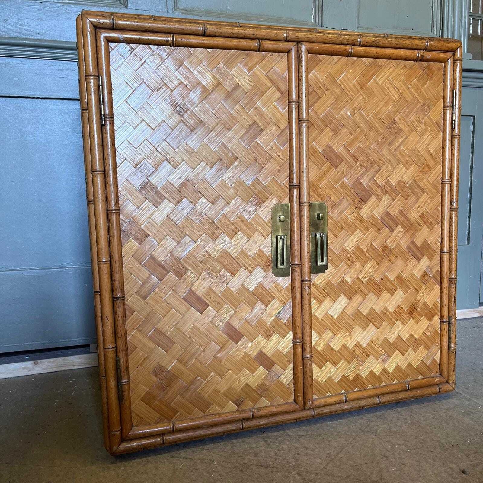 photo for sale Vintage Bamboo And Rattan Double Door Cabinet With Brass Handles