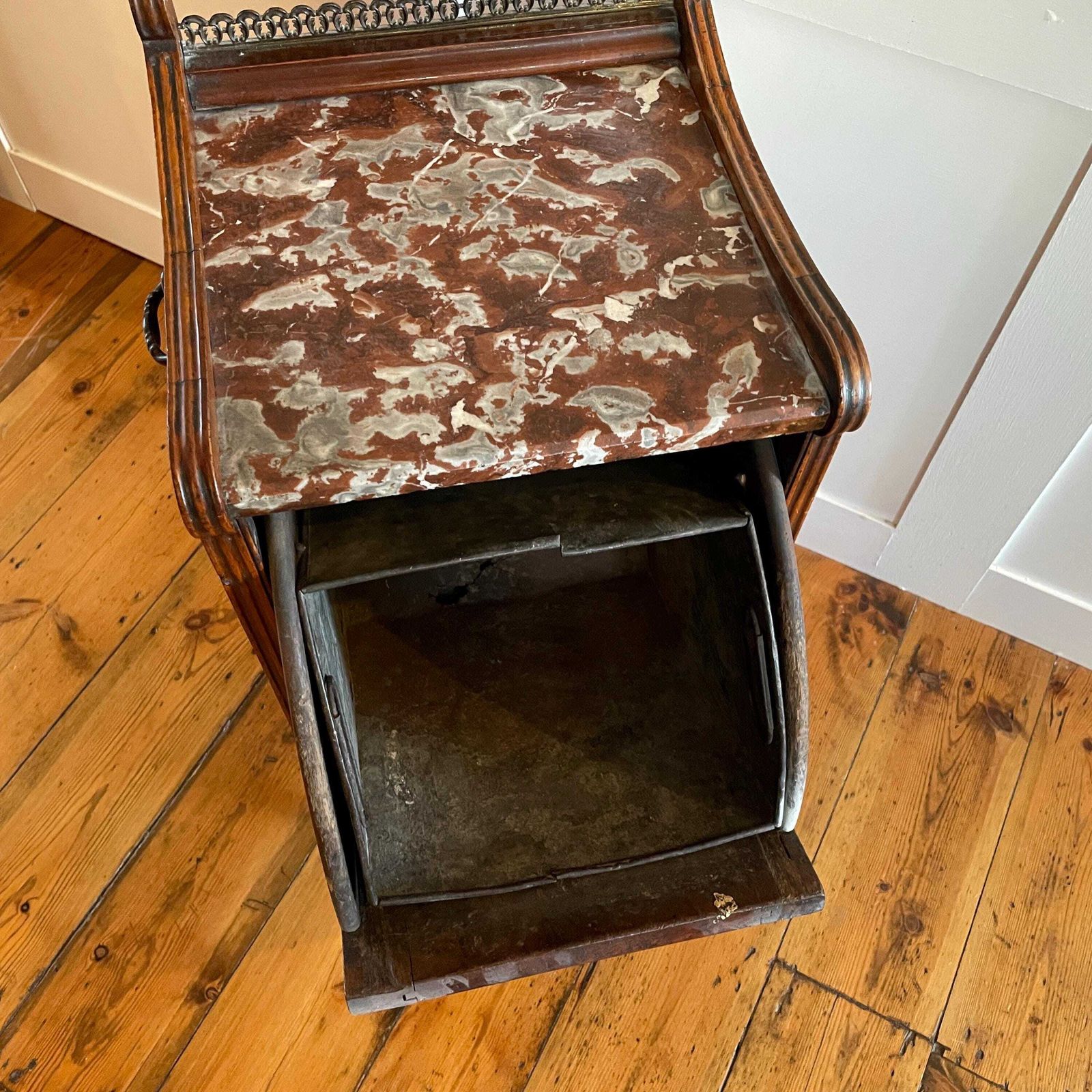 photo for sale Antique Coal Scuttle Cabinet Wooden Red Marble Top On Wheels Victorian Fireplace Carved Wood Furniture Mahogany Box